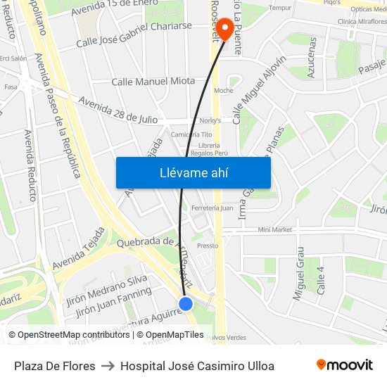 Plaza De Flores to Hospital José Casimiro Ulloa map