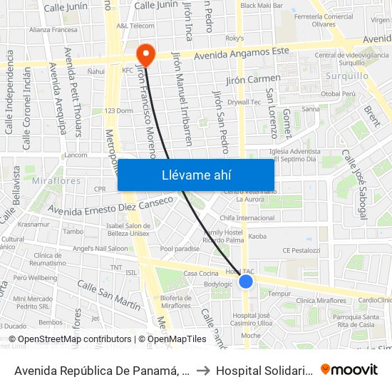 Avenida República De Panamá, 6239 to Hospital Solidaridad map