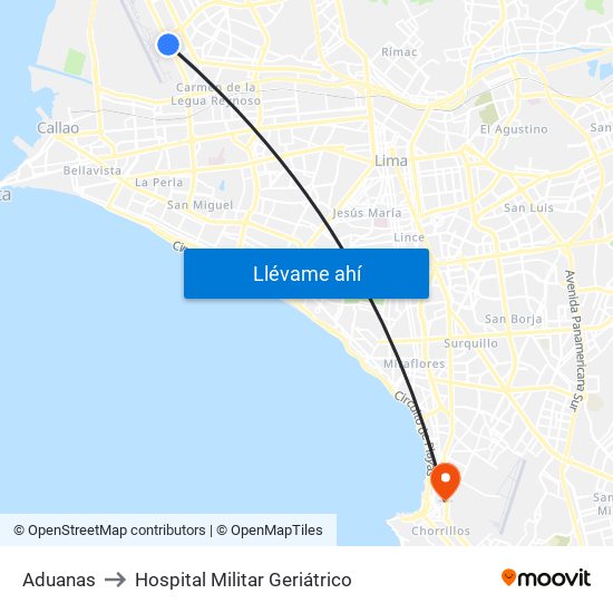 Aduanas to Hospital Militar Geriátrico map