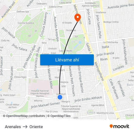 Arenales to Oriente map