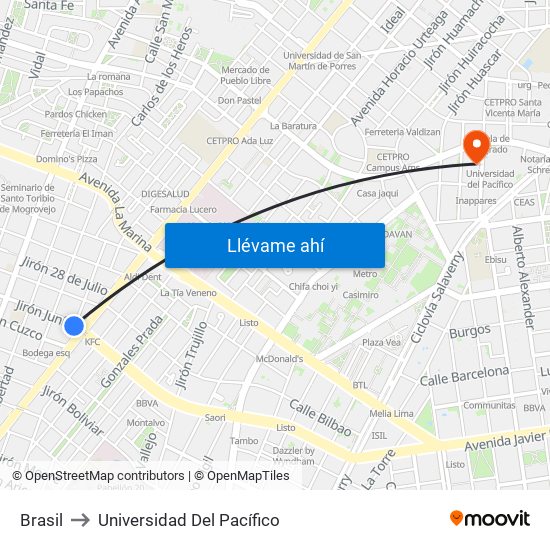 Brasil to Universidad Del Pacífico map