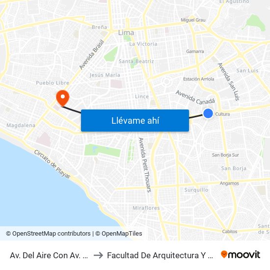 Av. Del Aire Con Av. Javier Prado to Facultad De Arquitectura Y Urbanismo - Unfv map