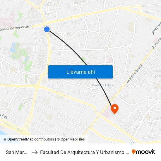 San Marcos to Facultad De Arquitectura Y Urbanismo - Unfv map