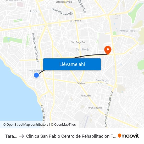 Tarata to Clinica San Pablo Centro de Rehabilitación Física map