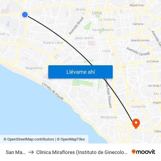 San Marcos to Clínica Miraflores (Instituto de Ginecología y Fertilidad) map