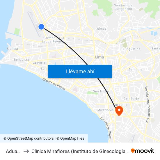 Aduanas to Clínica Miraflores (Instituto de Ginecología y Fertilidad) map