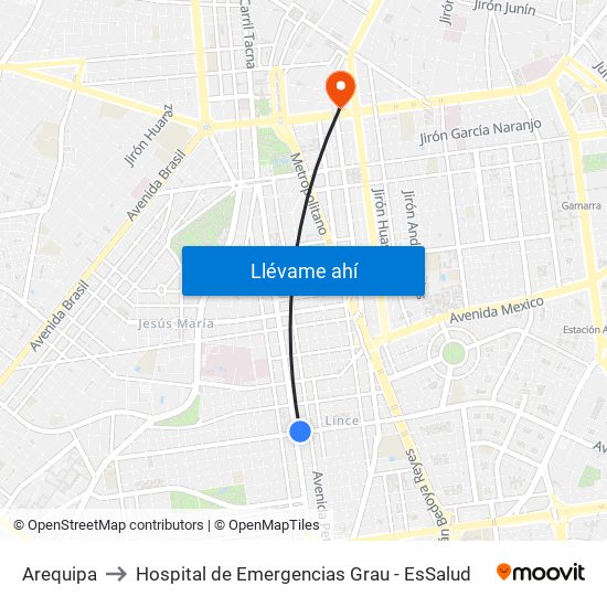 Arequipa to Hospital de Emergencias Grau - EsSalud map