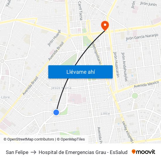 San Felipe to Hospital de Emergencias Grau - EsSalud map