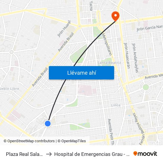 Plaza Real Salaverry to Hospital de Emergencias Grau - EsSalud map