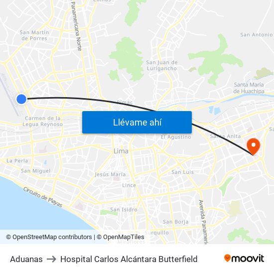 Aduanas to Hospital Carlos Alcántara Butterfield map