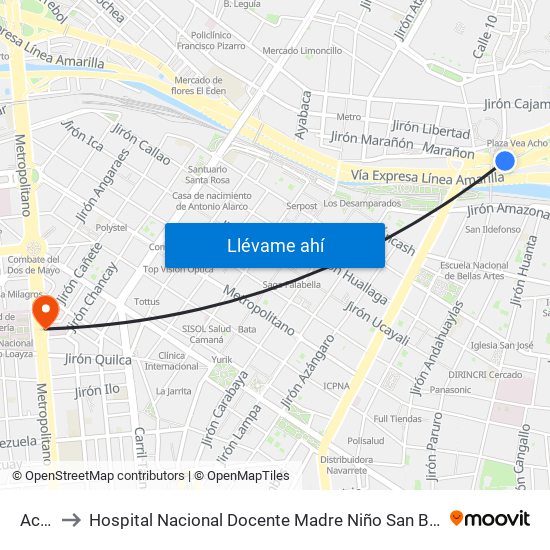 Acho to Hospital Nacional Docente Madre Niño San Bartolomé map