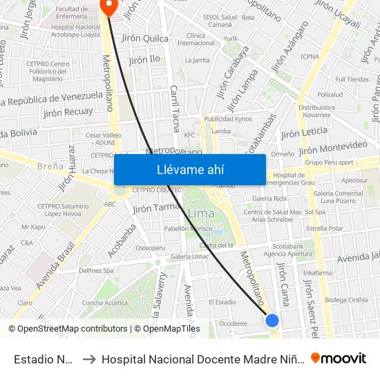 Estadio Nacional to Hospital Nacional Docente Madre Niño San Bartolomé map