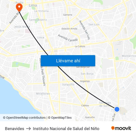 Benavides to Instituto Nacional de Salud del Niño map