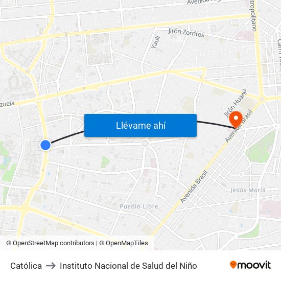 Católica to Instituto Nacional de Salud del Niño map