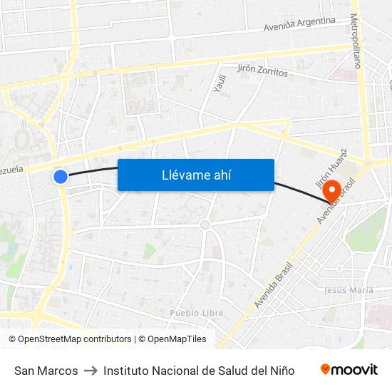 San Marcos to Instituto Nacional de Salud del Niño map