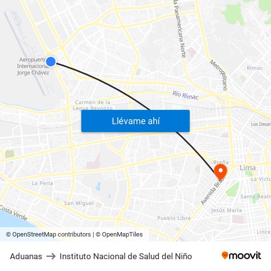 Aduanas to Instituto Nacional de Salud del Niño map