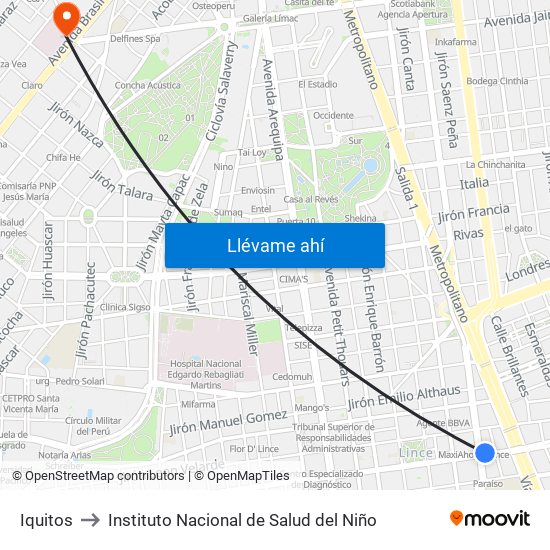 Iquitos to Instituto Nacional de Salud del Niño map