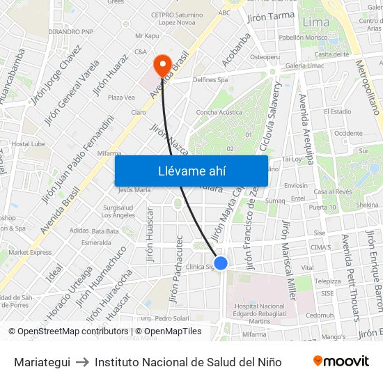 Mariategui to Instituto Nacional de Salud del Niño map