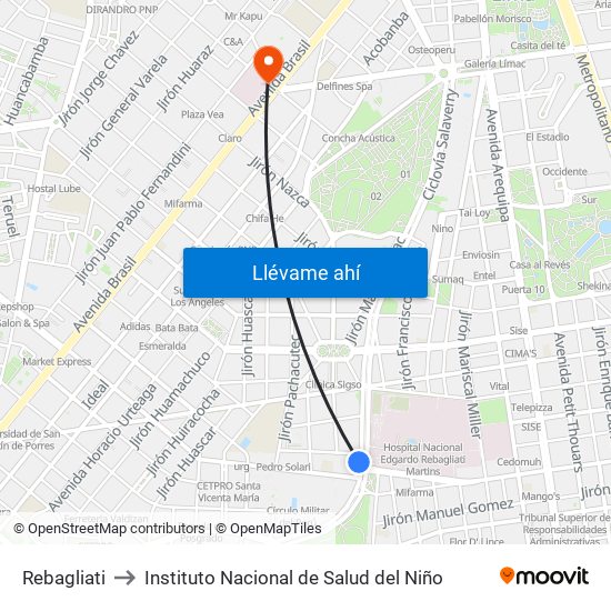 Rebagliati to Instituto Nacional de Salud del Niño map