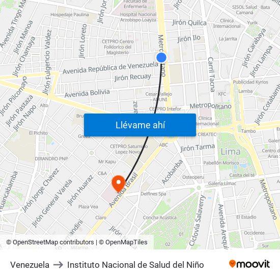 Venezuela to Instituto Nacional de Salud del Niño map