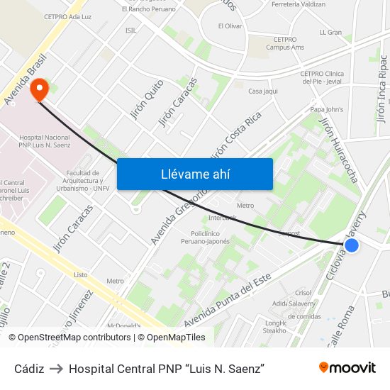 Cádiz to Hospital Central PNP “Luis N. Saenz” map