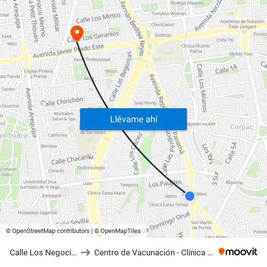 Calle Los Negocios, 499 to Centro de Vacunación - Clínica Javier Prado map