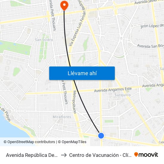 Avenida República De Panamá, 6190 to Centro de Vacunación - Clínica Javier Prado map