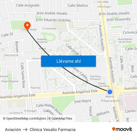 Aviación to Clinica Vesalio Farmacia map