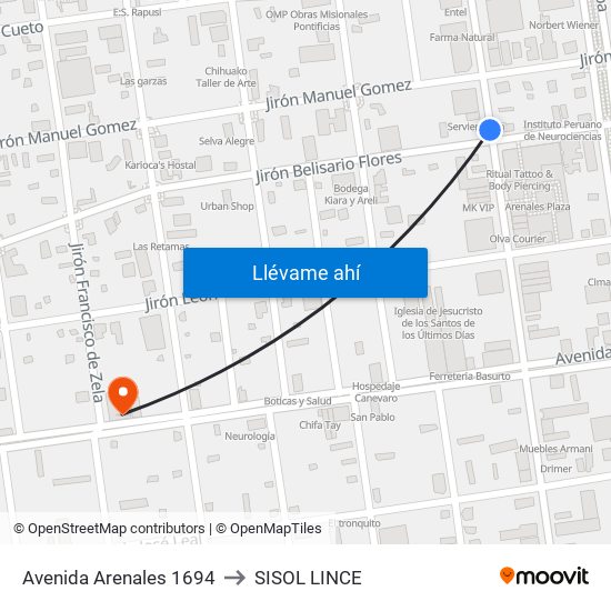 Avenida Arenales 1694 to SISOL LINCE map