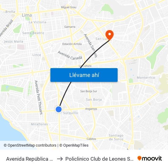 Avenida República De Panamá, 4746 to Policlinico Club de Leones Salamanca de Monterrico map