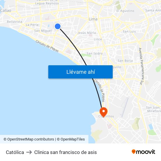 Católica to Clinica san francisco de asis map