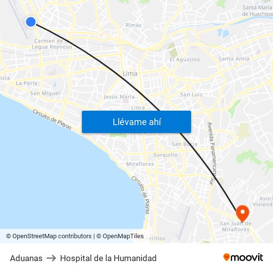 Aduanas to Hospital de la Humanidad map