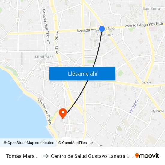Tomás Marsano to Centro de Salud Gustavo Lanatta Lujan map