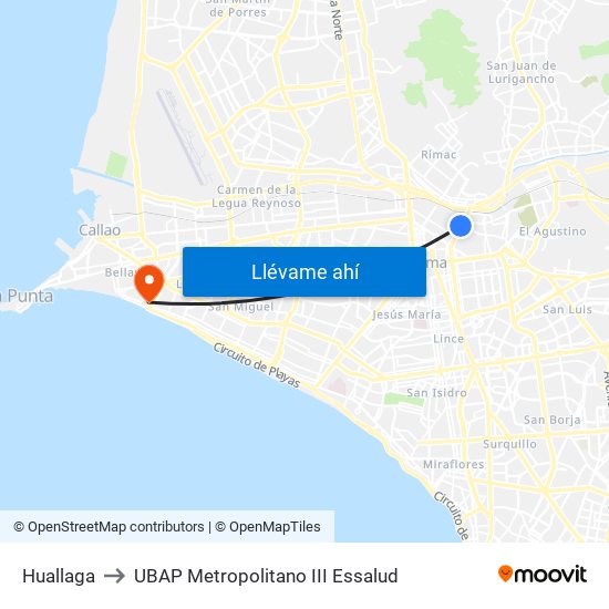 Huallaga to UBAP Metropolitano III Essalud map