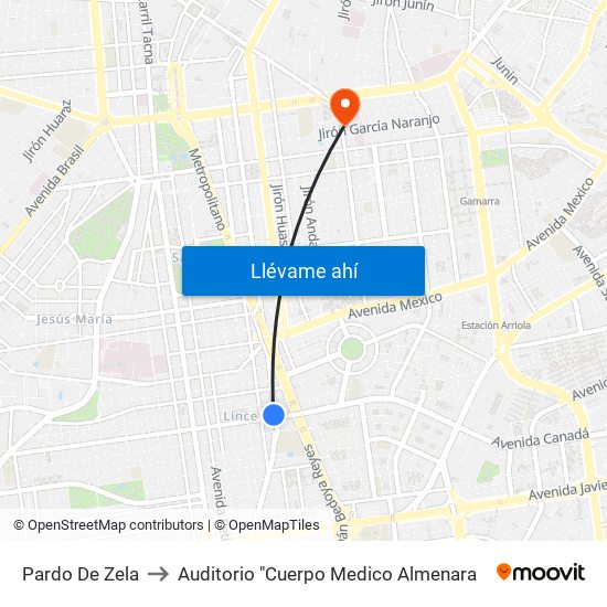 Pardo De Zela to Auditorio "Cuerpo Medico Almenara map