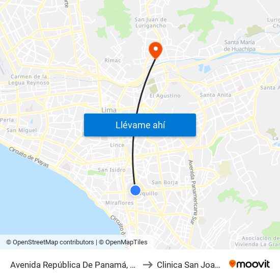 Avenida República De Panamá, 4746 to Clinica San Joaquin map