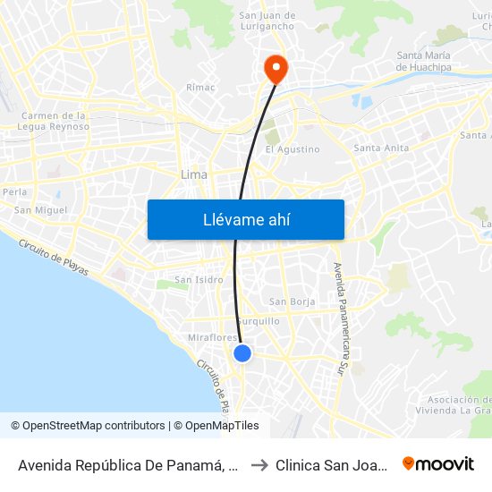 Avenida República De Panamá, 6239 to Clinica San Joaquin map