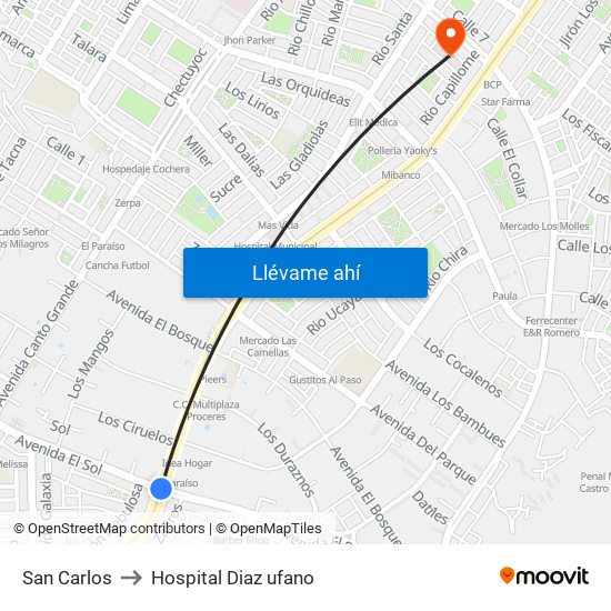 San Carlos to Hospital Diaz ufano map