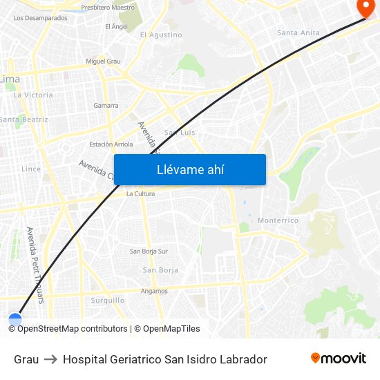 Grau to Hospital Geriatrico San Isidro Labrador map