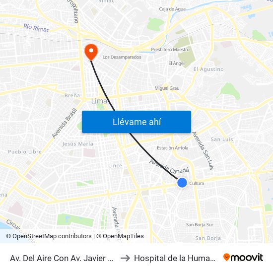 Av. Del Aire Con Av. Javier Prado to Hospital de la Humanidad map