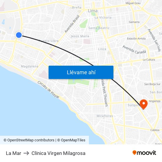 La Mar to Clínica Virgen Milagrosa map