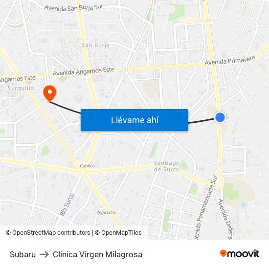 Subaru to Clínica Virgen Milagrosa map