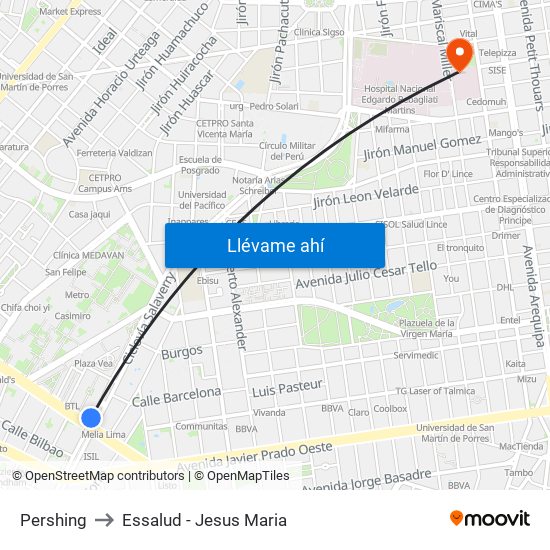 Pershing to Essalud - Jesus Maria map