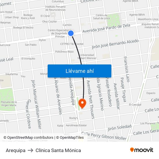 Arequipa to Clínica Santa Mónica map