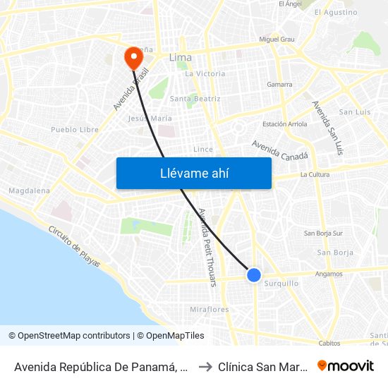 Avenida República De Panamá, 4746 to Clínica San Marcos map