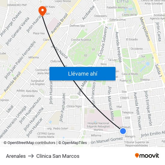 Arenales to Clínica San Marcos map