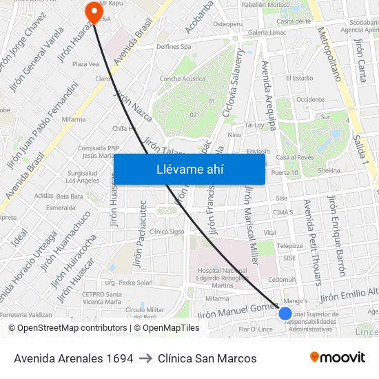 Avenida Arenales 1694 to Clínica San Marcos map