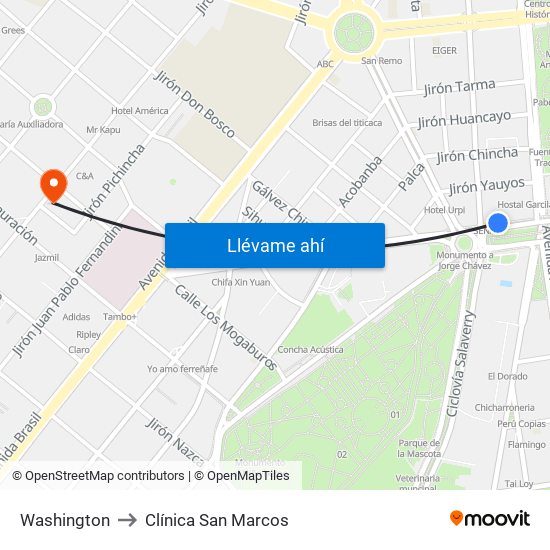 Washington to Clínica San Marcos map