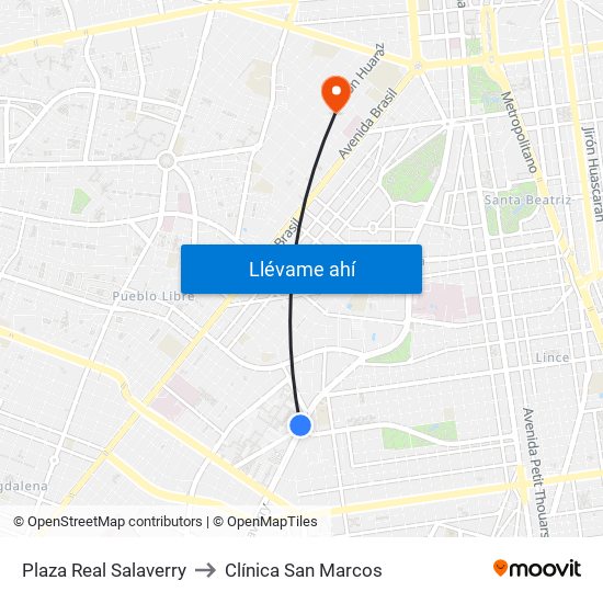 Plaza Real Salaverry to Clínica San Marcos map