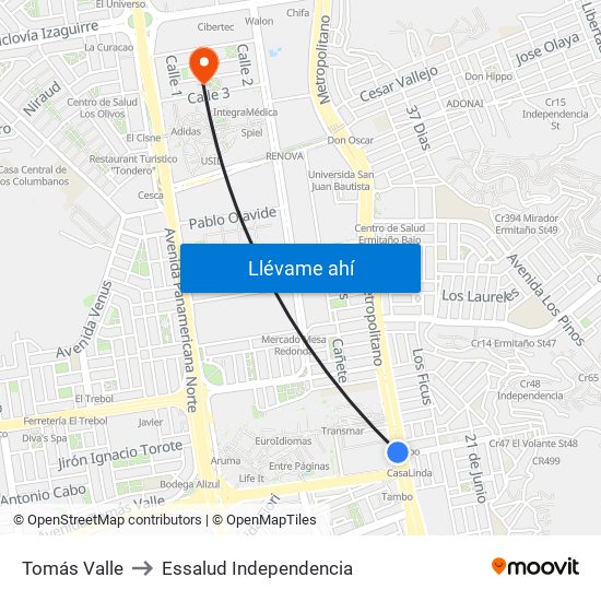 Tomás Valle to Essalud Independencia map